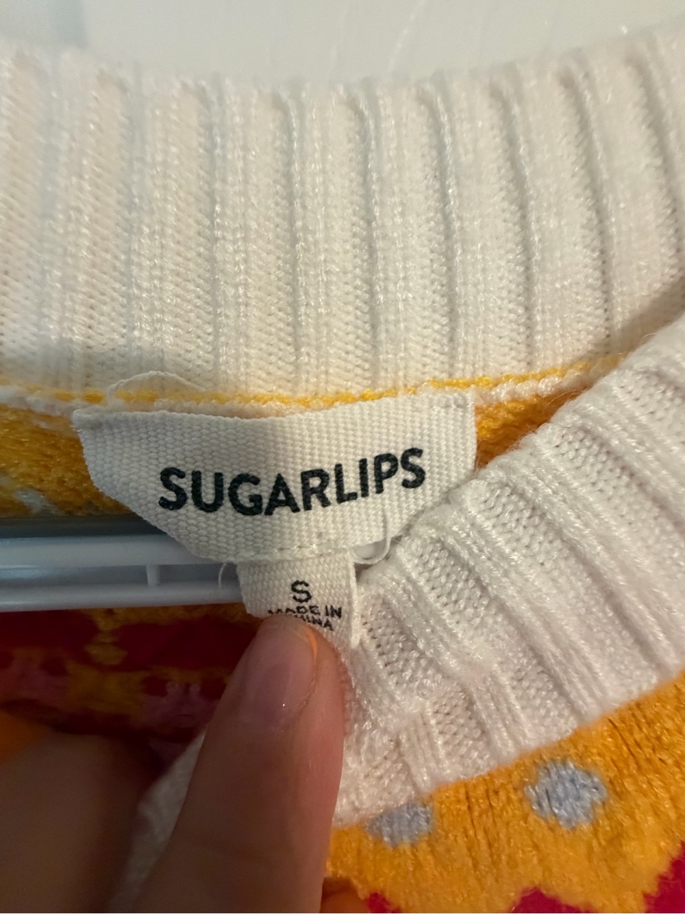 Sugarlips White Crewneck Sweater with Pink, Yellow & Blue Fair Isle Yoke - Picture 2 of 8